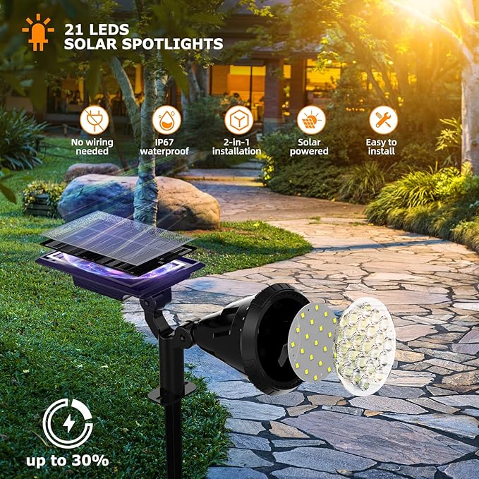 Solar Spot Lights Outdoor, 21 LEDs Solar Outdoor Lights Auto On/Off with 3 Modes, IP67 Waterproof Solar Yard Spotlight Landscape Lighting Garden Wall Lights, 2-in-1 Solar Powered Lights, 2Pack