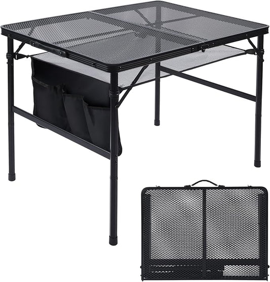 Folding Grill Table, 3x2 FT Portable Camping Table, Height Adjustable Metal Tables with Mesh Desktop and Mesh Bag, Outdoor Furniture for Camping, Picnic, Beach and BBQ, Black