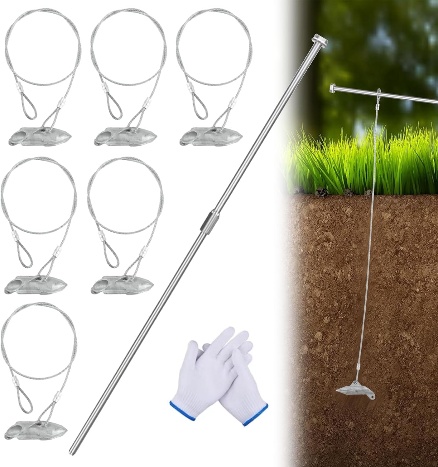 (6 Pack) Drive-In Ground Earth Anchors with Rod, 30inch Cable Earth Anchor Heavy Duty for High Winds, Easy Hook Anchor for Fixing Shed, Carports, Tent, Swing Set, Greenhouse, Gazebo.