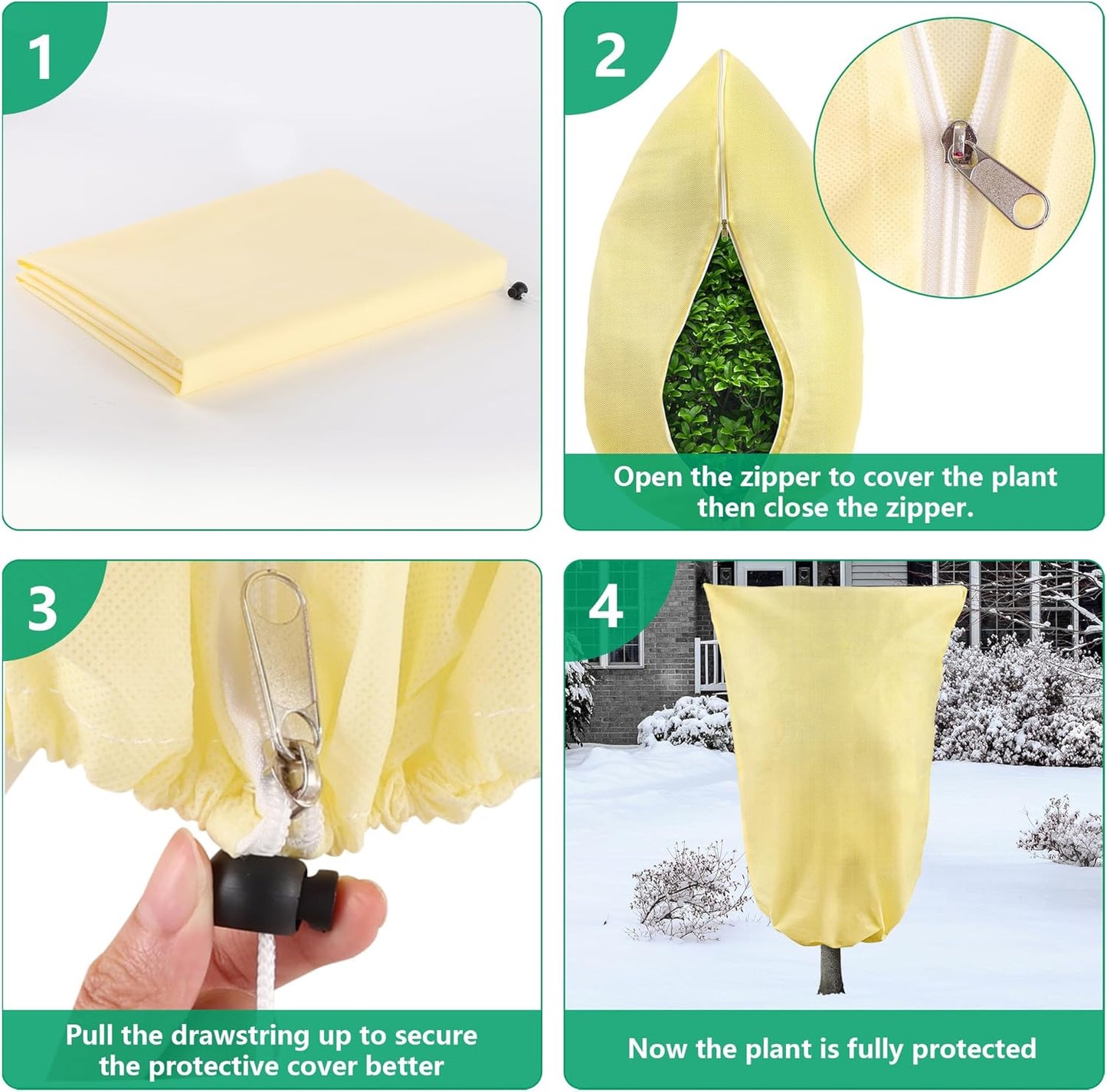 Plant Covers Freeze Protection, 4 Pack 32''× 47'' Beige Frost Cloths Blankets with Zipper Drawstring Shrub Tree Covers for Winter Outdoor Plants Freeze Protection