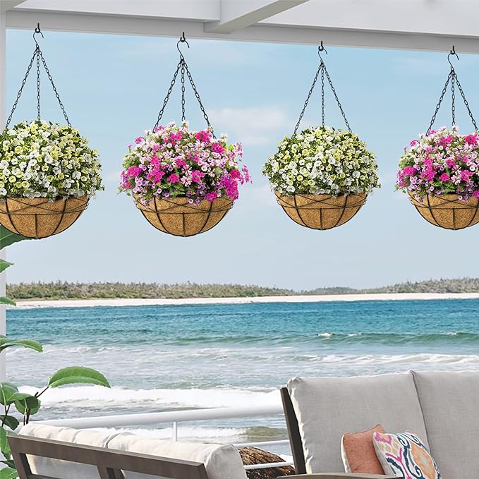 4 Pack 18 Inch Hanging Planters for Outdoor Plants Extra Large Hanging Baskets Flower Pots with Natural Coconut Liner for Porch Balcony Garden Decor