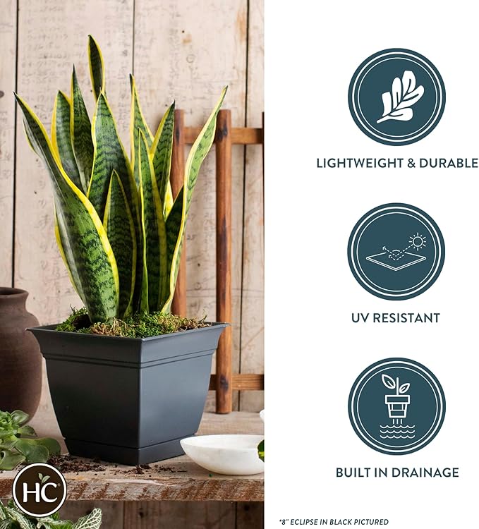 The HC Companies 10 Inch Eclipse Square Planter with Saucer - Indoor Outdoor Plant Pot for Flowers, Vegetables, and Herbs, Warm Gray