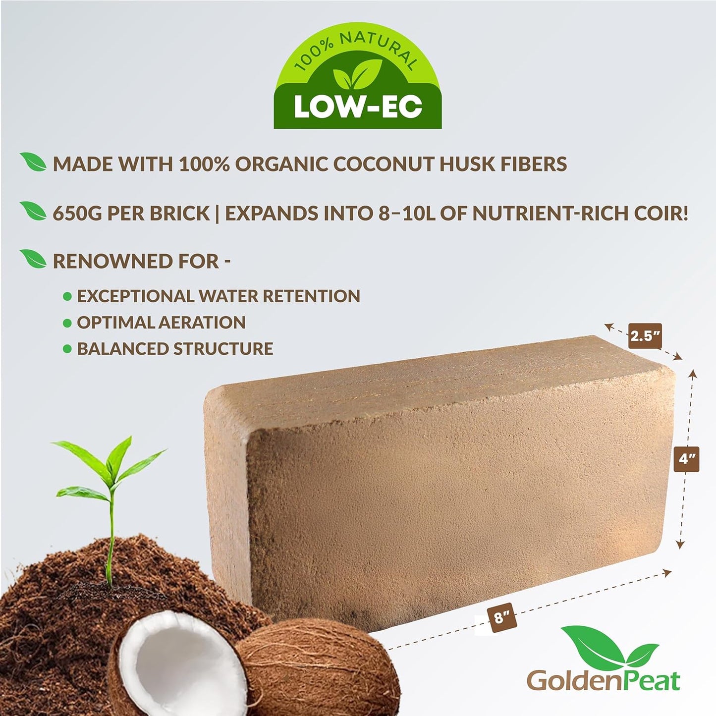 Organic Coconut Peat Bricks (650g X 6 Pack) - Low EC, Sustainable Growing Medium for Gardens, pots, and Seed Starters. Just add Water to Transform Each Brick into 8-10L of Fluffy Nutrient-Rich Coir