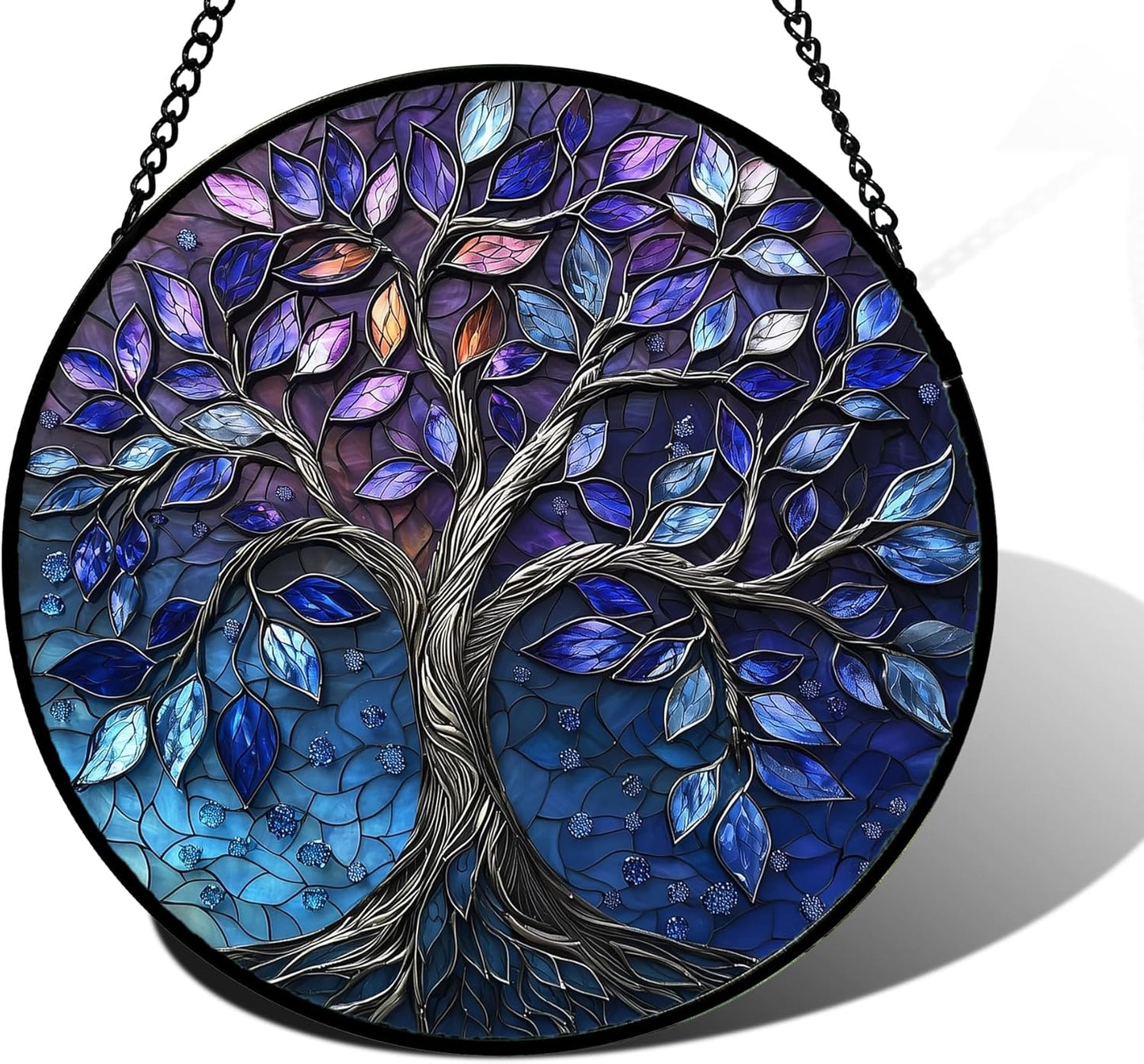 Stained Glass Window Hanging, Blue Purple Tree of Life Sun Catchers Colorful Glass Panel Plants Suncatcher Decor for Birthday for Women,Men,Wife, Lovers, and Mom 6.3 in