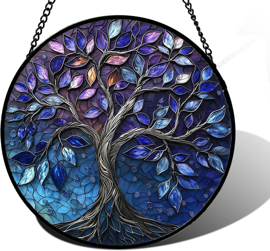 Stained Glass Window Hanging, Blue Purple Tree of Life Sun Catchers Colorful Glass Panel Plants Suncatcher Decor for Birthday for Women,Men,Wife, Lovers, and Mom 7.8 in