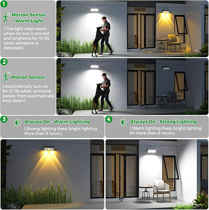 JSOT Solar Lights Outdoor, 4 Modes Solar Motion Sensor Lights Outdoor Waterproof I P65, 4Pack Ultra Bright Wall Security Lighting for Yard Garage Front Door Garden - Cool White