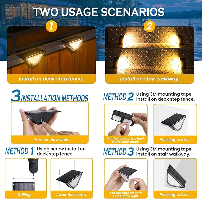 SOLPEX Solar Step Lights for Outside, 24 LEDs Solar Stair Lights Outdoor Waterproof Decor for Stair, Porch, Step, Deck, Fence, Front Door, Balcony, Patio, Wall, Yard, Garden(2 Pack, Warm White)