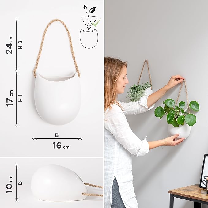 Wall Planters -Ellie- | Hanging Ceramic Plant Pots 2 Pieces | Wall Decoration for Indoors, Balcony and Garden | White (Matte)