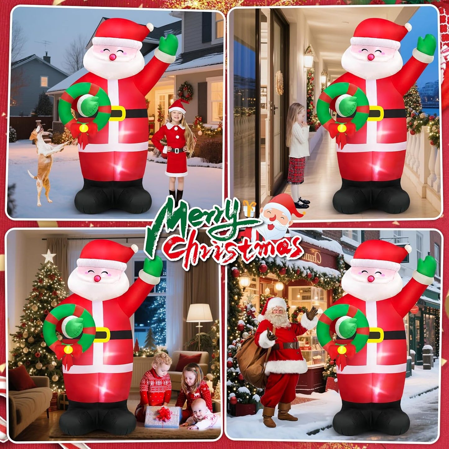 MICOCAH 8 FT Huge Christmas Inflatables Santa Claus Holding Garland Outdoor Decorations, Build in LEDs & Tethers Stakes Giant Inflatable Santa Blow Up Yard Décor for Holiday Xmas Indoor Patio Lawn