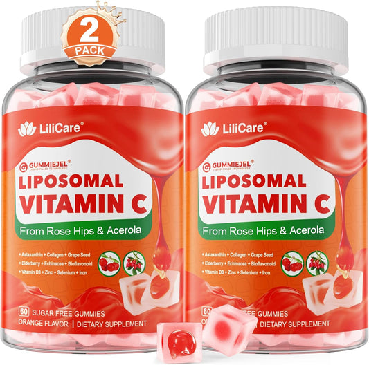 Liposomal Vitamin C 1000mg Filled Gummies for Adults & Kids 9+, 1660mg Blend w/Echinacea, Elderberry, D3, Zinc, Iron, Bioflavonoid, Astaxanthin, Natural Organic Chewable Vitamin C, Sugar Free, 2Pack