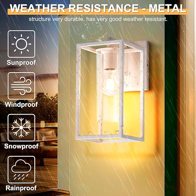 Pia Ricco Outdoor Wall Lights, Outdoor Wall Lantern with Circular Clear Glass Shade, Waterproof Exterior Lighting Fixtures, Modern Front Porch Lighting for House, Garage, E26 Base, ETL Listed, White