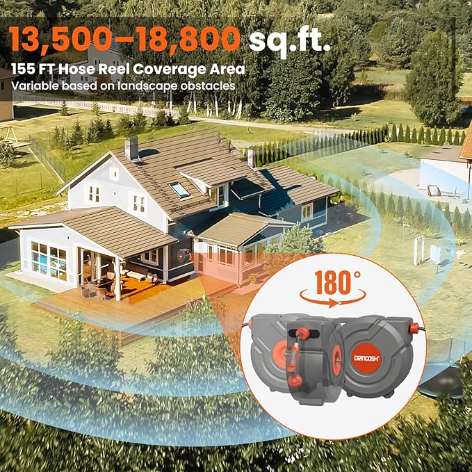 Upgraded Retractable Garden Hose Reel 1/2" x 155 ft Pro 180° Swivel Metal Bracket Automatic Retract Heavy Duty Hose Reels Wall Mount Any Length Lock 9 Pattern Nozzle Garden Watering