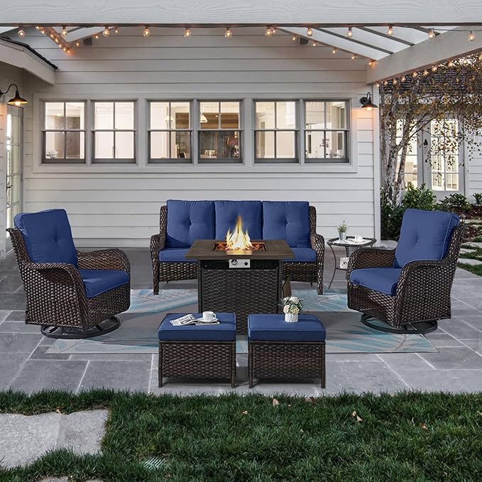 Outdoor Patio Furniture Set with Propane Fire Pit Table, 7 Pieces Wicker Patio Conversation Set with 2 Swivel Glider Rocker Chairs Rattan Sofa Blue Cushion Perfect for Casual Gathering