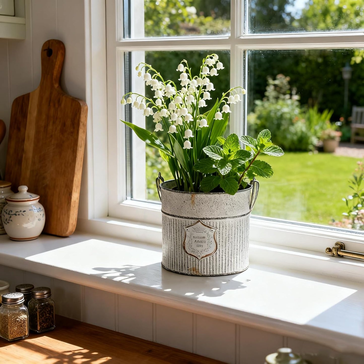 Vintage Galvanized Metal Planter Pots Set of 2, Rustic Farmhouse Flower Pots with Handles, "Potager A Paris 1903" Decorative Planters for Indoor Outdoor Gardening, Succulents, Herbs, Home Decor