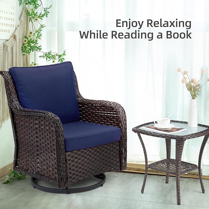 Towallmark Outdoor Swivel Wicker Glider Patio Chairs with Table Set, 3 Pieces Outdoor Bistro Set with 4”Thick Cushions and Coffee Table for Porch, Balcony, Deck (Blue)