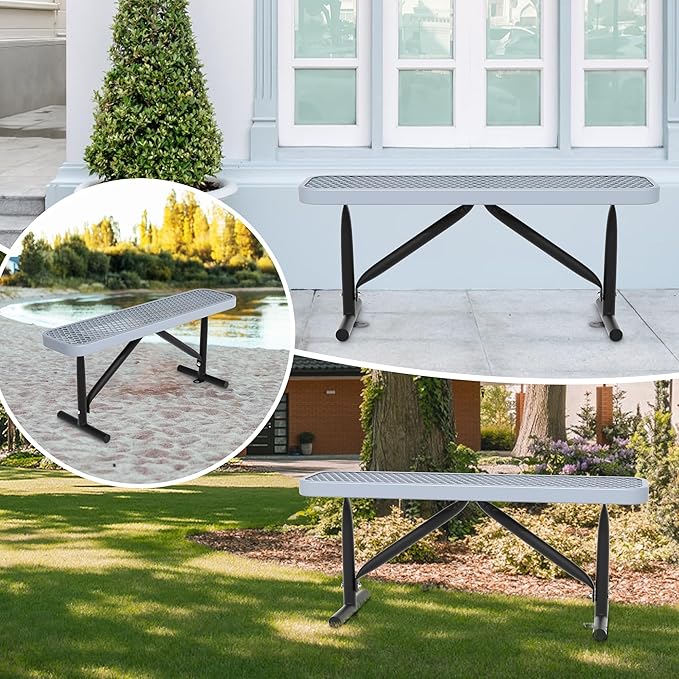 48" L Outdoor Steel Flat Bench, Heavy Duty Metal Park Bench for Outside, Expanded Metal, Commercial Benches Mesh Bench for Shopping Mall, Store, Lawn, Park, Patio, Deck, Garden (Grey, 4FT)