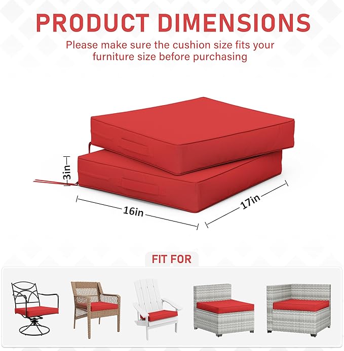 Patio Chair Cushions 17 X 16 X 3 Inch Waterproof Outdoor Seat Cushions for Patio Furniture, Outdoor Sofa Couch Pads with Ties & Handle, Set of 2, Red