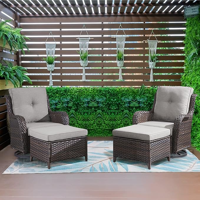 Wicker Outdoor Furniture Patio Furniture Set - 6 Piece Patio Conversation Set with Swivel Rocker Chairs, Loveseat Sofa, Ottomans and Coffee Table, Gray Cushion