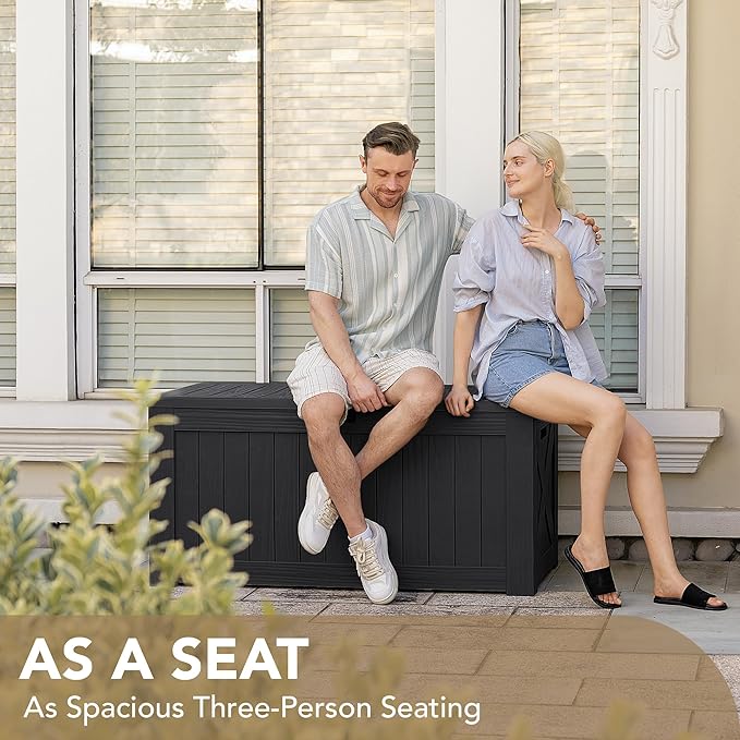 Devoko 120 Gallon Deck Box Resin Outdoor Storage Box Waterproof for Patio, Large Outdoor Storage Bench Lockable for Outside (Black)