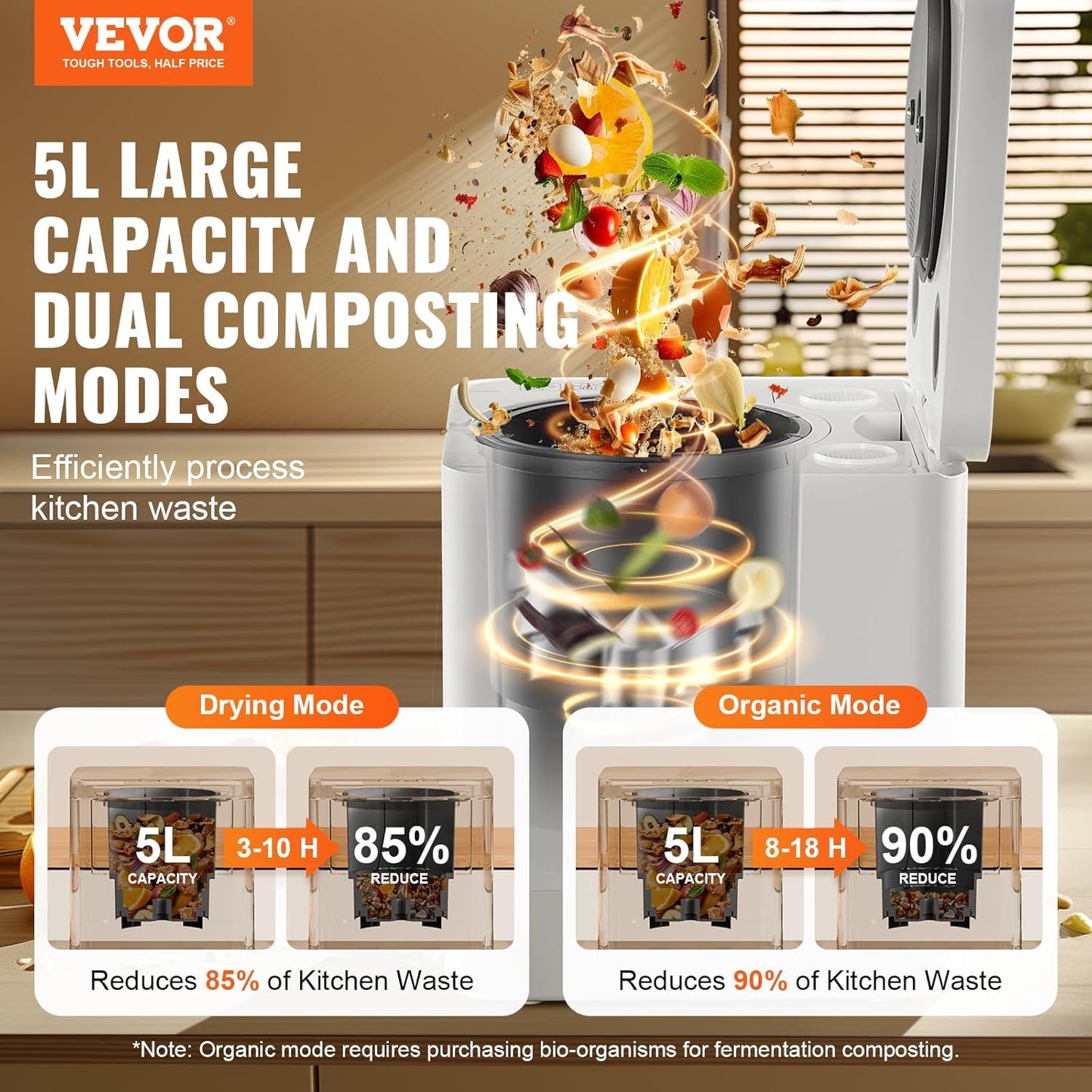 VEVOR Electric Composter for Kitchen, 5L Large Smart Countertop Compost Bin Indoor, Odorless Quiet Electric Kitchen Food Recycler with Upgraded Motor/Auto-Cleaning/2 Composting Modes/Safe Child Lock