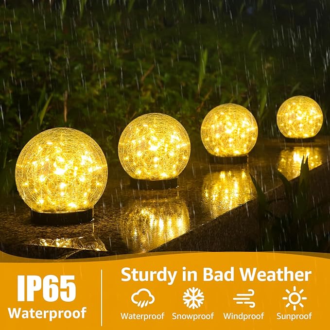 2-Pack Garden Solar Lights Outdoor, Cracked Glass Ball Light Waterproof, Decorative Solar Globe Lights Warm White for Yard Pathway Patio Lawn