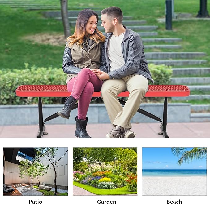 6 Feet Heavy Duty Metal Park Bench for Outside, Outdoor Bench with Portable Frame, Commercial Benches for Shopping Mall, Store, Park, Patio, Deck, Red