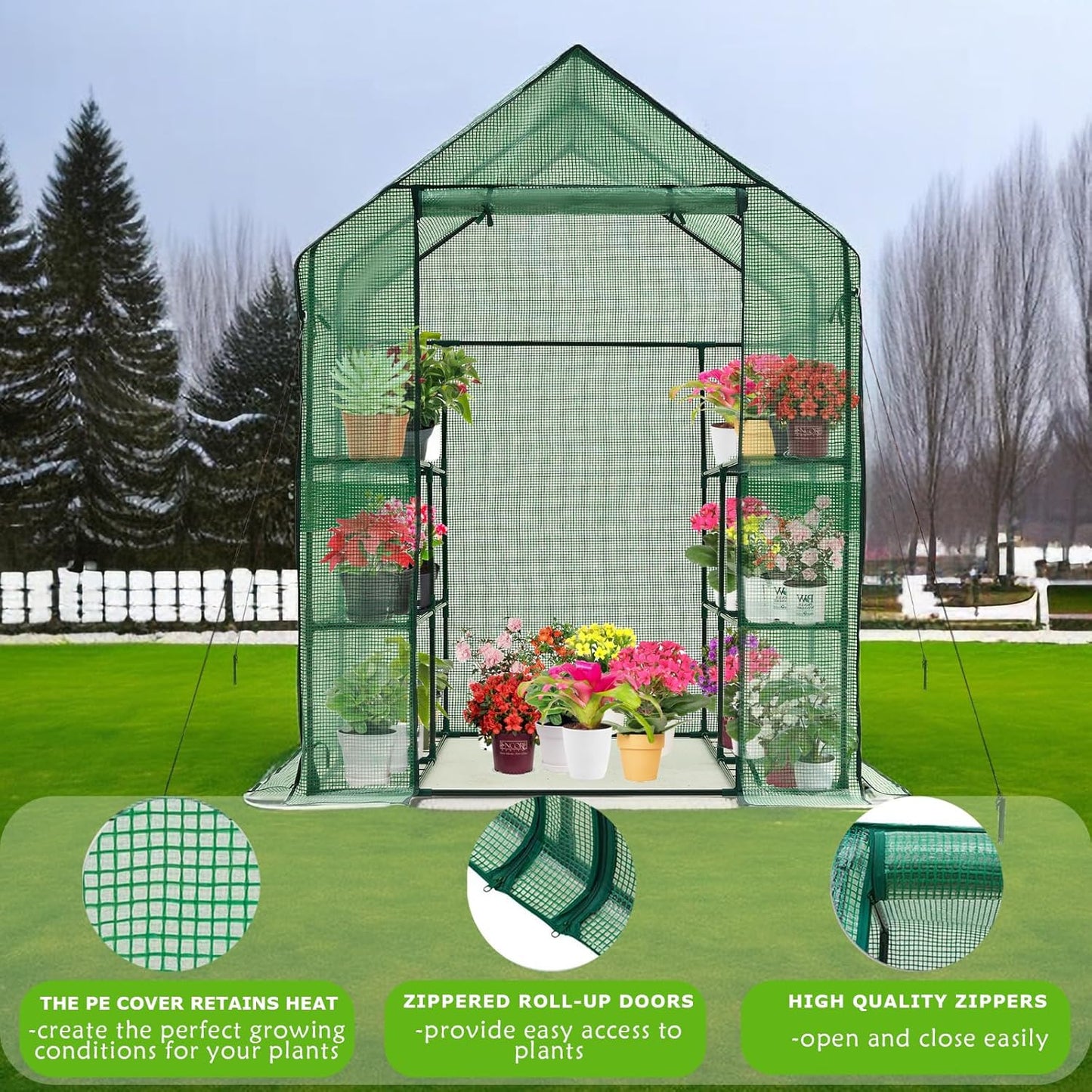 Walk-in Greenhouse w/ Roll-Up Zipper Door & Screen Windows-3 Tiers 12 Shelves 56x56x76“ PE Greenhouse for Outdoor Gardening Plants Cold Frost Protection Wind Rain Proof(PLGHW002G-N)