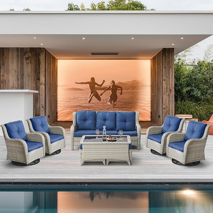 Wicker Patio Furniture Sets - 8 Piece Outdoor Rattan Furniture Conversation Sets with 4 Swivel Rocker Chairs, Rattan Sofa, Wicker Ottomans and Coffee Table, Light Grey/Blue