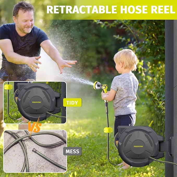 Retractable Garden Hose Reel 5/8 in x 75 ft Heavy Duty Automatic Water Hose Reel Wall Mounted with 10 Pattern Nozzle,Any Length Lock, Slow Return System, 180°Swivel Bracket