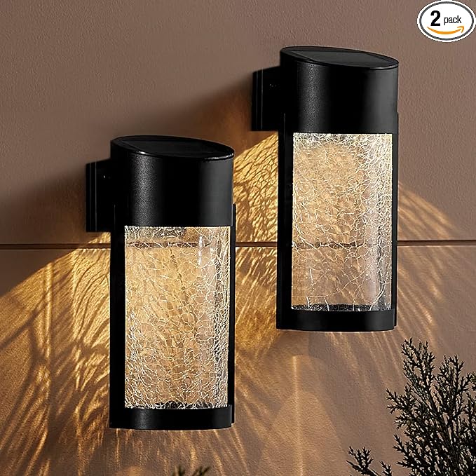 Solar Outdoor Wall Lights Fixture Set of 2 Porch Lights Crackled Glass Diffuser with Warm White LED
