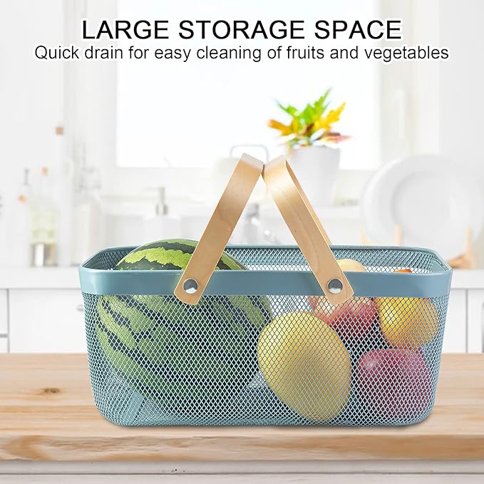 Portable Garden Harvest Basket-Mesh Design Natural Bamboo Handle Wire Storage Baskets,Mesh Basket with Handle Organize Items Reduce Space Occupation,Suitable for Kitchen,Garden,Picnic(Blue)