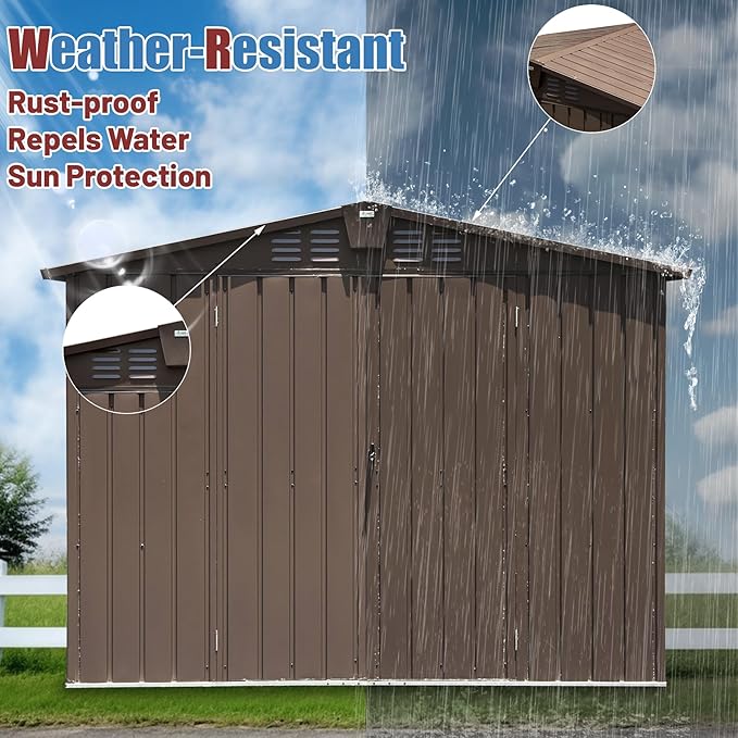 Domi Backyard Storage Shed 8.2’ x 6.2’ with Galvanized Steel Frame,Outdoor Garden Shed Metal Utility Tool Storage Room with Latches and Lockable Door for Balcony Lawn Poolside (Dark Brown)