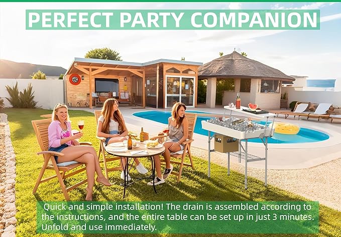 Portable Folding Ice Cooler Table with Skirt & Drain & Shelving, Outdoor Foldable Drink Ice Table with Storage for Camping, Picnics, BBQ & Parties,