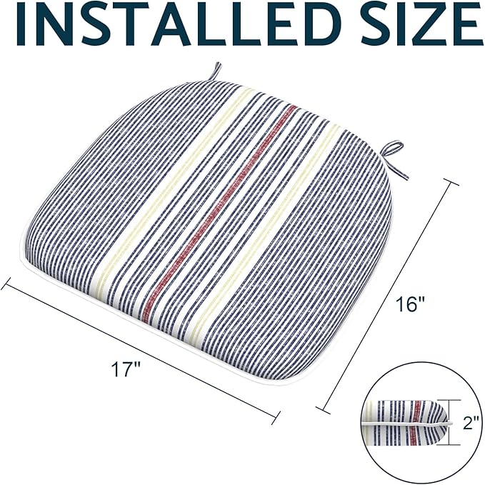 Indoor/Outdoor Chair Cushions 16x17 Inch, Patio Chair Cushions with Ties, All Weather Seat Cushions for Patio Furniture Home Garden Chair Use, Set of 2, Stripe Denim Blue