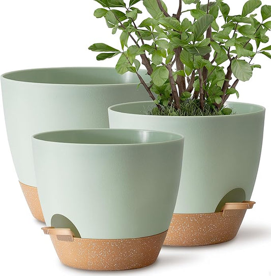 Giraffe Creation Plant Pots Set of 3 (12/10/9 inch), Self-Watering Indoor & Outdoor Flower Planters with Drainage Hole and Reservoir, Green