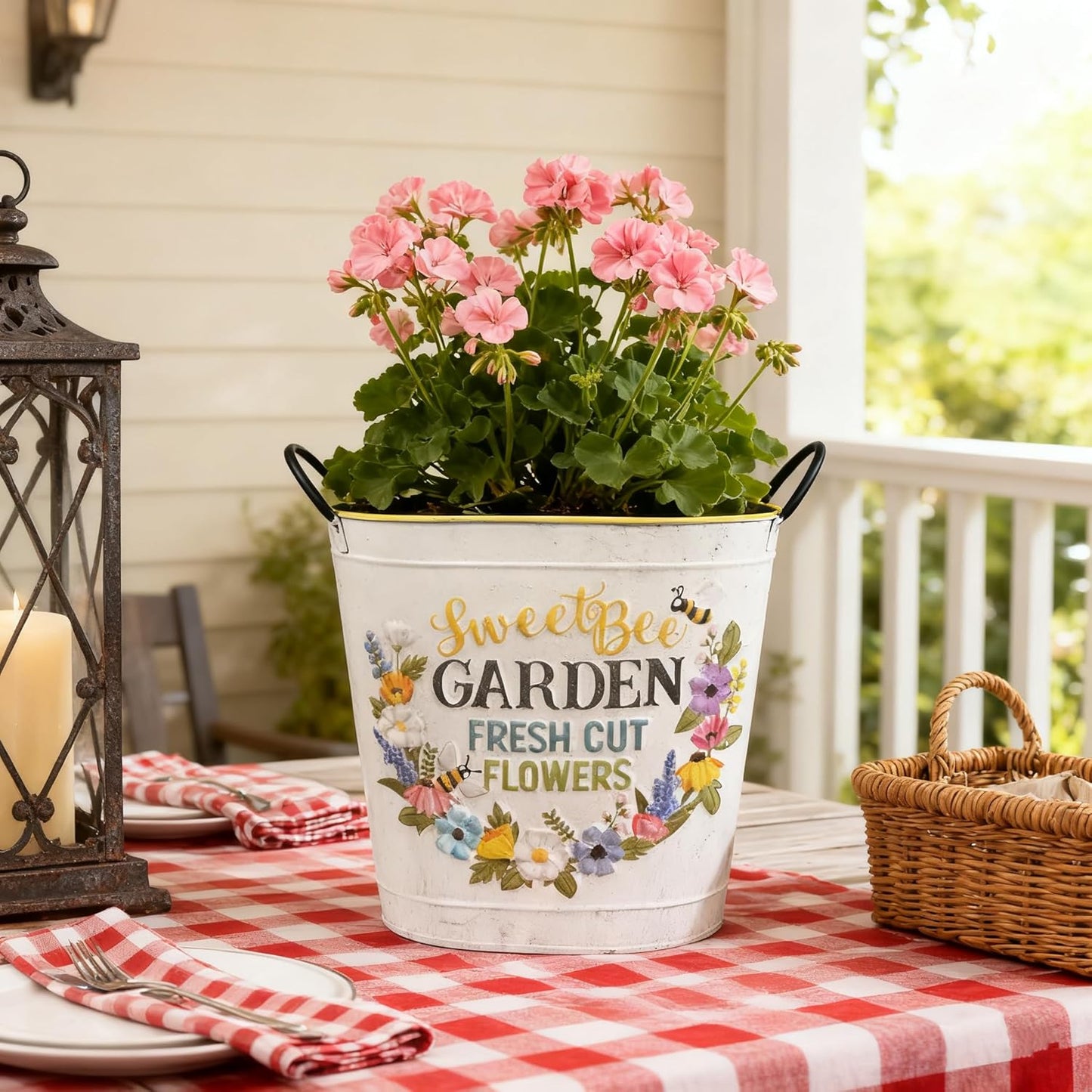 Set of 2 Sweet Bee Garden Metal Planter Buckets, Rustic Farmhouse Flower Pots with Handles, Decorative Indoor Outdoor Gardening Containers for Succulents, Herbs, Home & Porch Decor