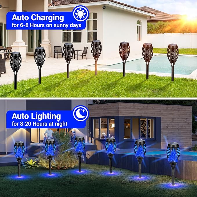 4 Pack Solar Torch Lights Outdoor Waterproof - Blue Flickering Flame, Outdoor Solar Garden Lights for Yard, Tiki Torches for Outside Patio Pathway Decorations