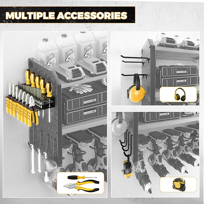 KAFAHOM Power Tool Organizer with Charging Station, Built in 8 Outlet Power Strip,Large 8 Drill Holder Wall Mount, Heavy Duty Metal Power Tool Storage Rack Tool Shelf for Garage Organization Yellow