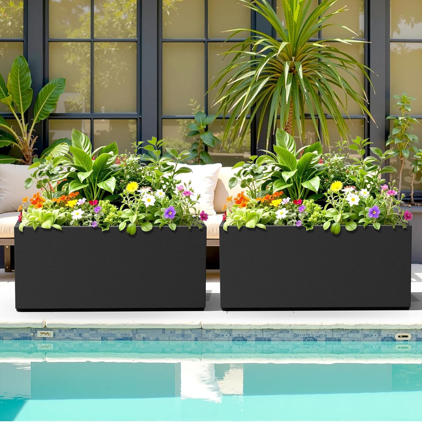 Rectangle Planter for Indoor & Outdoor, Tall and Long Planter Boxes with Drainage Holes, Mental Planter Box All-Weather Use for Plants, Flowers, 38" L x 15" W x 16.3" H, Black