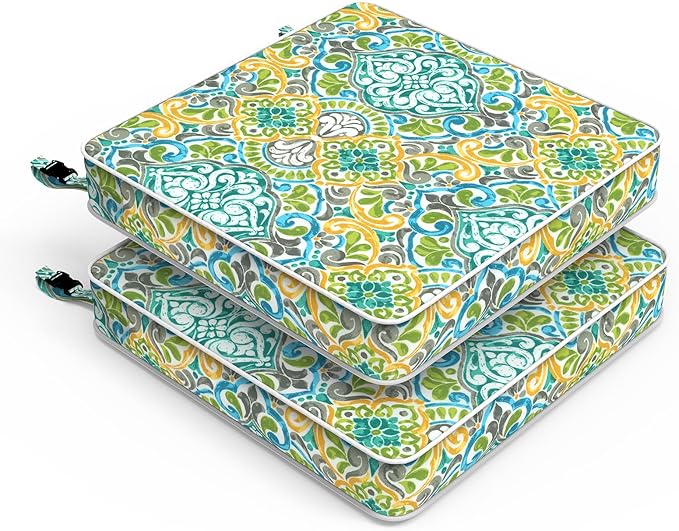LVTXIII Patio Chair Cushions 22"x22"x3", Water-Repellent Outdoor Seat Cushions for Patio Furniture, Square Chair Pads with Ties for Home Garden Decoration, Set of 2, Damask Green