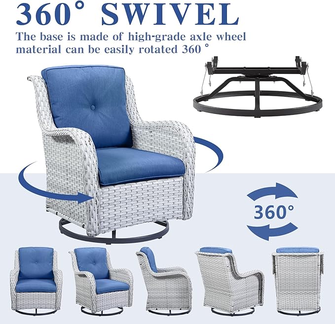 5 Piece Outdoor Patio Furniture Set - Patio Wicker Furniture Conversation Set, Outdoor Swivel Rocker Chairs with Loveseat Sofa and 2 Ottomans for Small Space, Blue Cushion