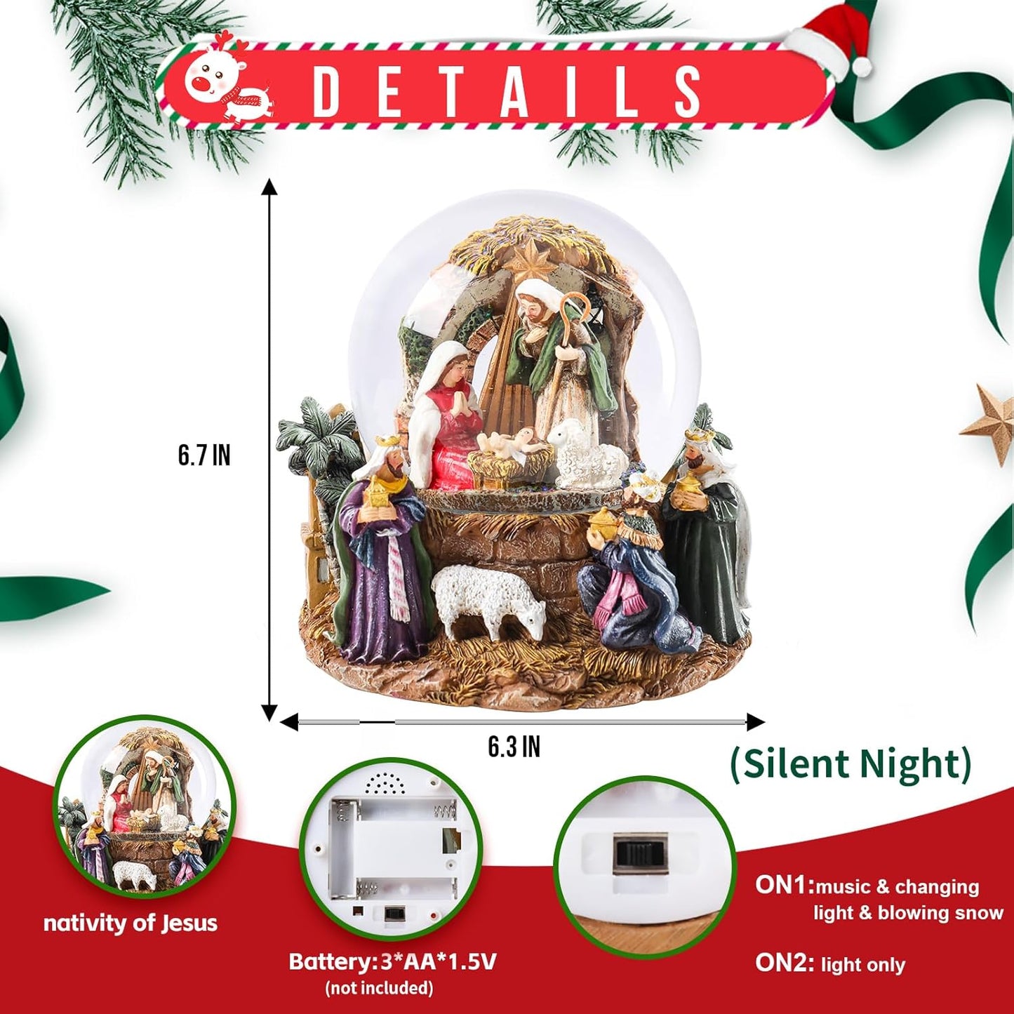 MUMTOP Christmas Snow Globes, Snow Globes Christmas with Music, Color Changing Lights Manger Nativity Scene Snowglobe for Kids, Girls and Adults Gift Decoration