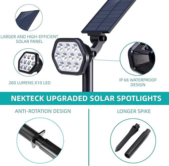 Nekteck Solar Lights Outdoor,10 LED Landscape Spotlights Powered Wall Lights 2-in-1 Adjustable Security Decoration Lighting for Yard Garden Walkway Porch Pool Driveway (4Pack, Warm White)