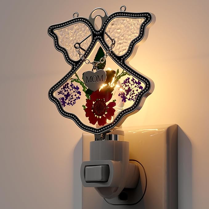 KY&BOSAM Night Light Mom Stained Glass Angel Night Lights Plug Into Wall with Real Flower in Glass and Metal Charm Night Light for Nursery Bedroom Bathroom Decorative Accent Lite Elegant Home Decor