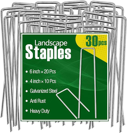 30 Pcs Galvanized Landscape Staples Metal Garden Stakes Heavy Duty for Ground Cover, U-Shaped Pins Yard Stakes Weed Barrier Fabric, Garden Hose, Drip Irrigation, 1.6 inch*(6+4 inch)
