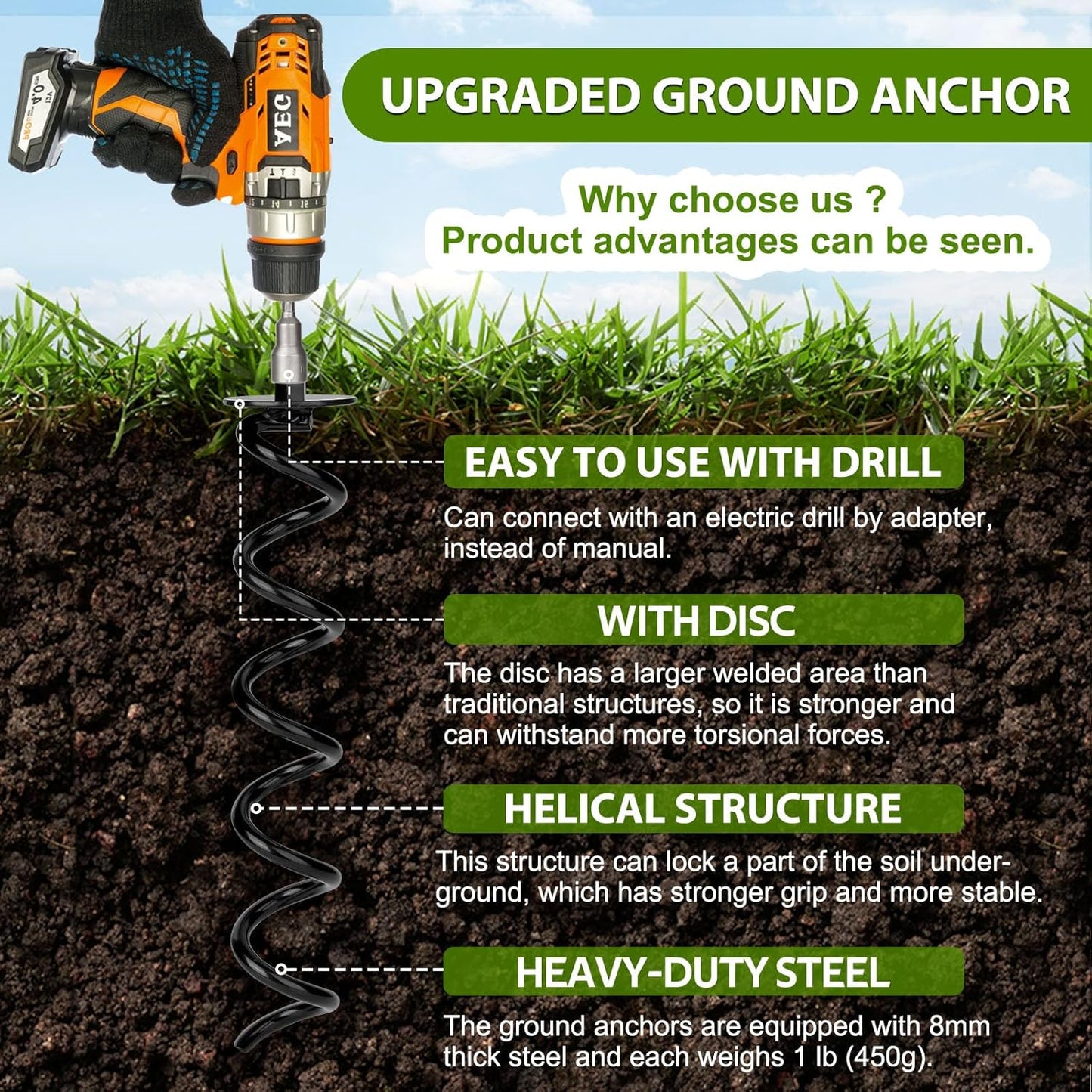 1 Pcs 15.3 Inch Ground Anchor Heavy Duty for High Winds Screw in Earth Anchor Swing Set Spiral Auger Stakes Suitable for Tent Trampoline Tree Garden Fence Sheds Swingset, Easy to Use with Drill