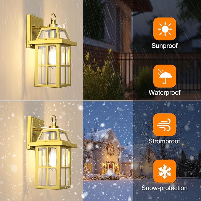 WIHTU Outdoor Wall Lantern, Porch Lights with Glass Shade, Waterproof Sconce Light, Aluminum Exterior Lighting Fixture, Anti-Rust Front Door Outdoor Lights for House, Gold