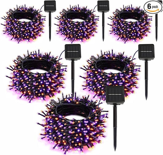 6-Pack Solar String Lights, 600 LED Extra-Long 236Ft Solar Halloween Lights Outdoor Waterproof, 8 Modes Led Halloween Lights for Garden, Patio, Wedding(Purple & Orange)