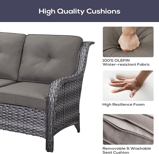 Outdoor Furniture Sectional Sofa L Shaped Couch - Patio Wicker Furniture Set with Coffee Table, 3 Piece Rattan Patio Conversation Sets with Gray Cushion for Deck Backyard Sunroom