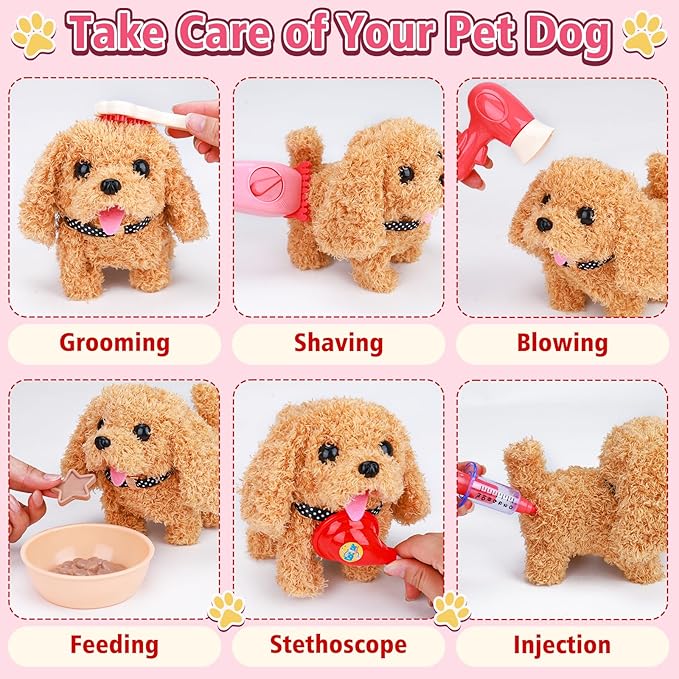 Tsomtto Interactive Dog Toy Walking Barking Veterinarian Playset for Kids Puppy Stuffed Animal with Carrier & Accessories Pretend Play Toys Vet Kit Electronic Pets 3 4 5 6 Year Old Girl